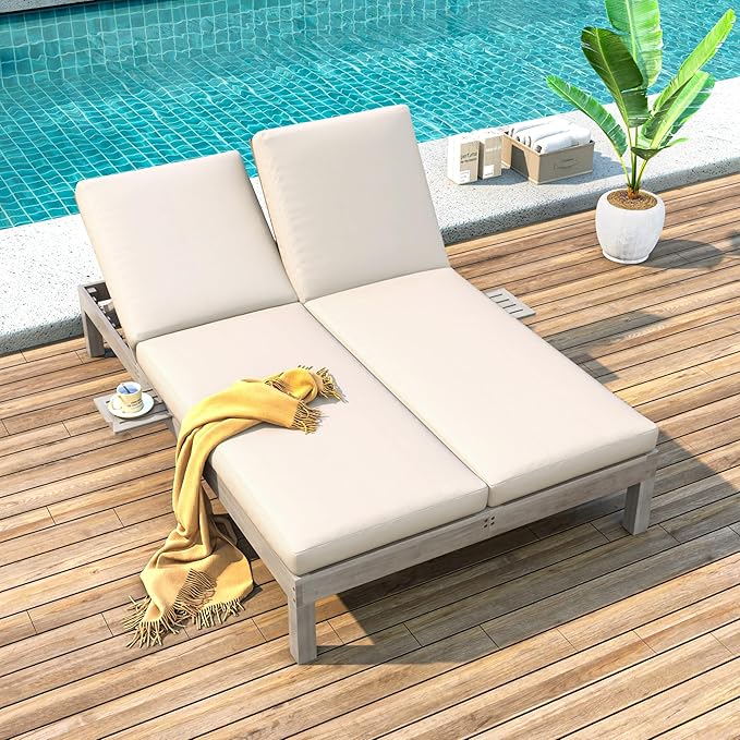 Outdoor Double Chaise Lounge with 5-Position Adjustable Backrest, Cushion and Folding Side Trays for 2 Person - Photo 2