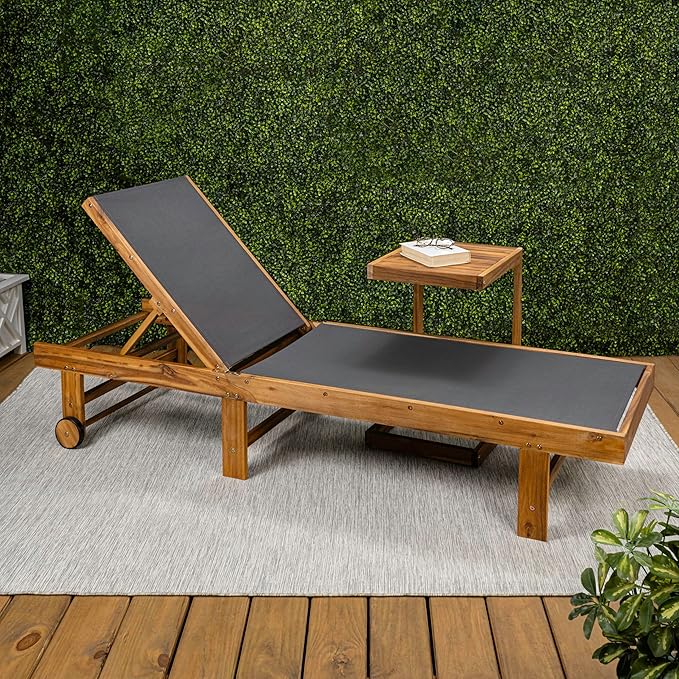JONATHAN Y LNG1101A-2SET Trabuco Coastal Modern Acacia Wood Mesh 3-Position Outdoor Foldable Chaise Lounge Set with Side Table for Pool, Deck, Poolside, Dark Gray/Teak Brown