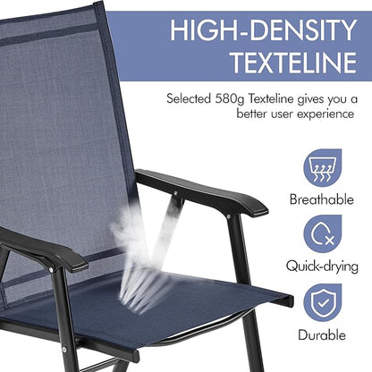 Yaheetech Patio Dining Chairs Set of 2, Portable Dining Chairs with Armrests for Camping, Lawn and Beach, Folding Patio Chairs 2-Pack of Metal Frame, Navy Blue