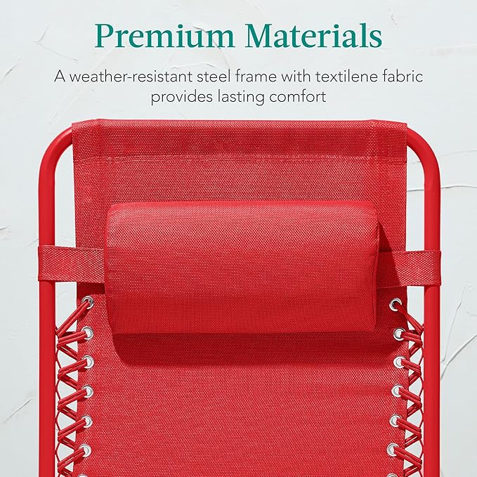 Best Choice Products Adjustable Zero Gravity Chair, Monochromatic Color Folding Patio Recliner w/Side Tray, Headrest - Chili