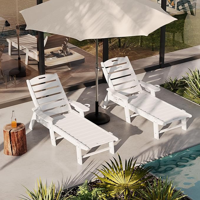 HDPE 5-Position Outdoor Chaise Lounge Chair with Cup Holder, Resin Pool Lounge Chair for Outside - Photo 7