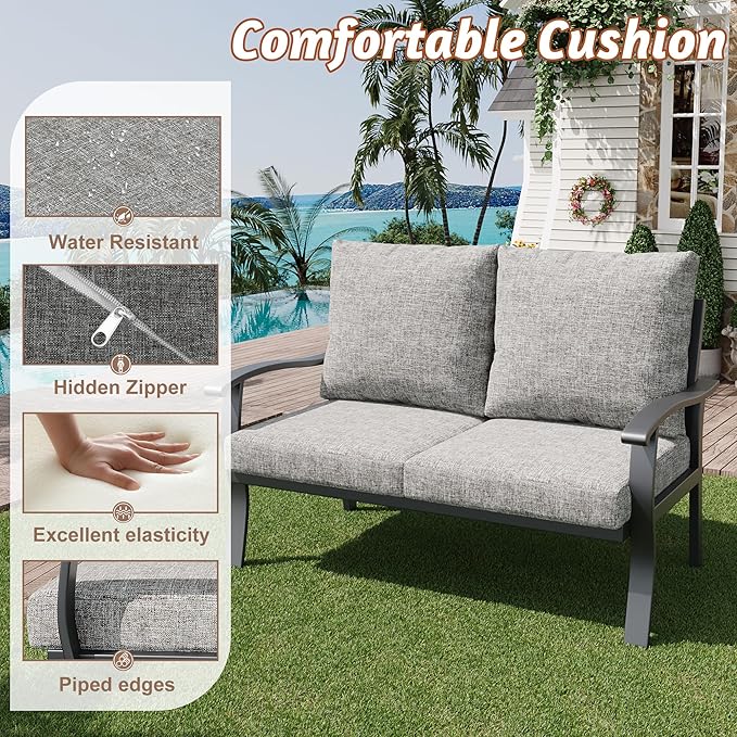 HOMREST Outdoor Loveseat Aluminum Patio Furniture Sofa, All-Weather Metal Outdoor Couch with Cushions, Grey - Photo 5