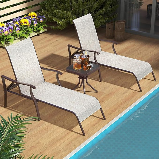 YITAHOME Pool Lounge Chair Set of 3, 2 Pieces Chaise Lounges Outdoor with Side Table, Patio Lounger w/5-Position Adjustable Backrest, Armrests, Weather Resistant & Easy to Assemble- Beige