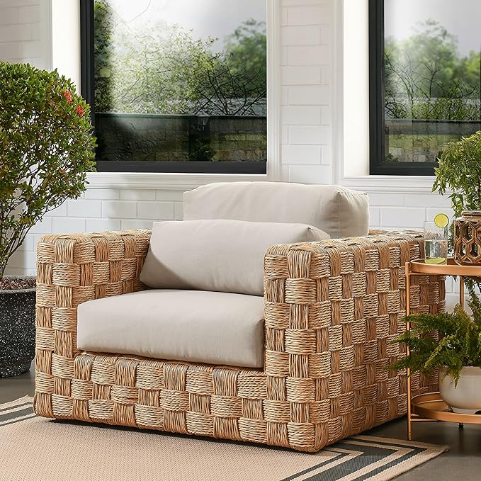 Modway Thames Wicker Rattan Outdoor Armchair - Natural Light Gray, UV-Resistant Deep-Seating Accent Chair with Cushion and Lumbar Pillow, Basket-Weave Patio Accent Chair for Backyard, Deck