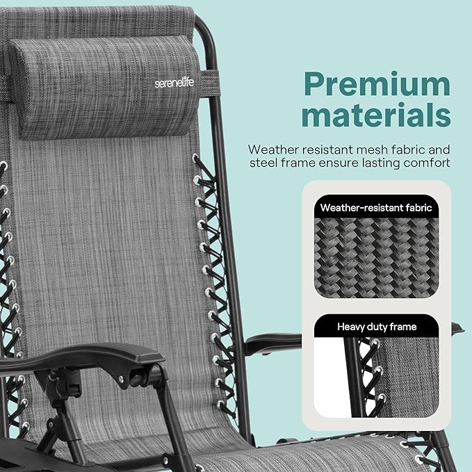 SereneLife Outdoor Zero Gravity Lounge Chair Set with Table – 2 Adjustable Recliners with Cup Holders, Headrest - Photo 7