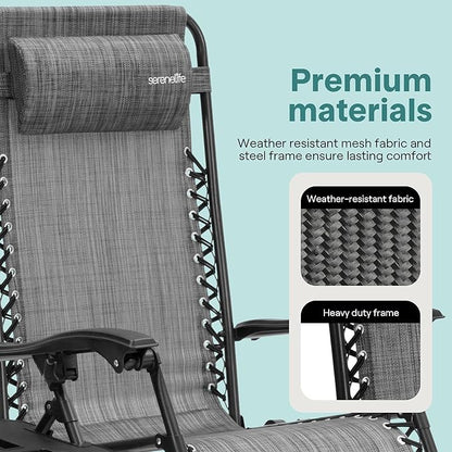 SereneLife Zero Gravity Chairs Set of 2 - Adjustable Steel Mesh Lawn Chairs - Outdoor Lounge Chairs with Detachable Cup Holder Tray - Foldable Outdoor Chair with Removable Pillows - Grey