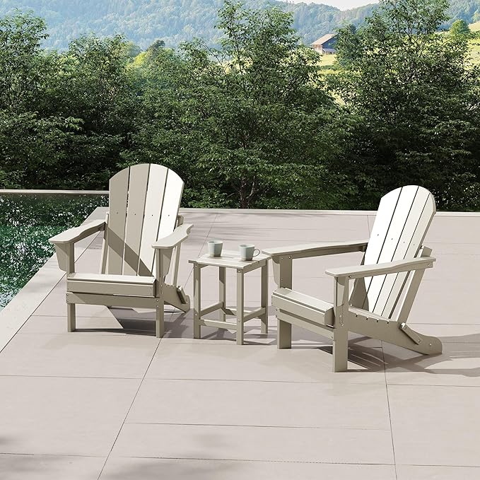WestinTrends Malibu 3-Pieces Adirondack Chairs Set with Side Table, All Weather Outdoor Seating Plastic Patio Lawn Chair Folding for Outside Porch Deck Backyard, Sand