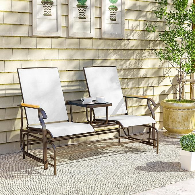 Outsunny 2 Person Outdoor Glider Bench, Patio Swing Glider Chair Loveseat with Breathable Mesh, Table, Steel Frame for Garden, Backyard, Porch, Cream White