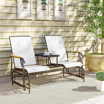 Outsunny 2 Person Outdoor Glider Bench, Patio Swing Glider Chair Loveseat with Breathable Mesh, Table, Steel Frame for Garden, Backyard, Porch, Cream White