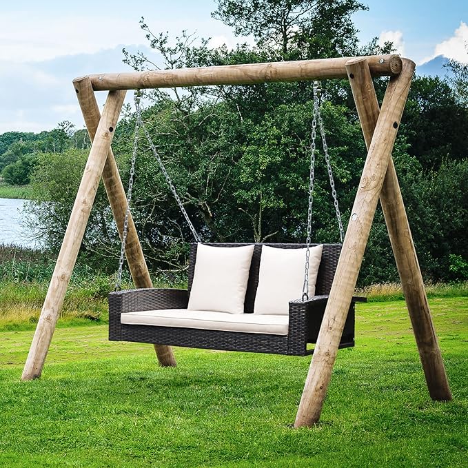 Tangkula 2-Person Wicker Porch Swing, Patiojoy Outdoor Rattan Hanging Swing Bench W/ 2 Back Cushions & 1 Seat Cushion - Photo 2