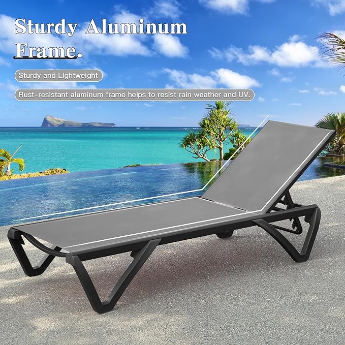 Domi Pool Lounge Chairs Set of 2 with Side Table, Aluminum Outdoor Chaise Lounge with Wheels - Photo 4