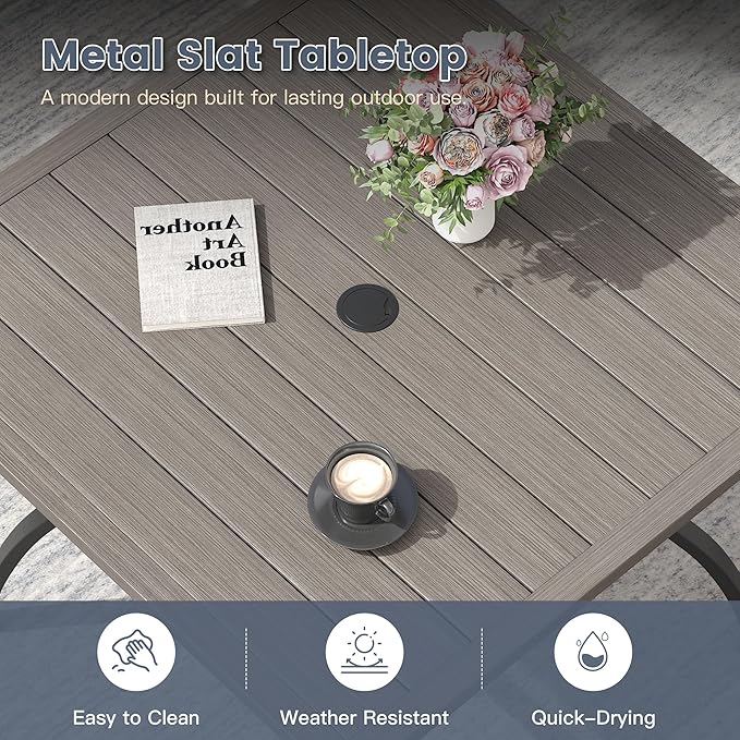 VICLLAX Outdoor Patio Dining Table for 4, Square Metal Table with Umbrella Hole and Storage Shelf for Garden, Lawn, Balcony, Deck, Grey
