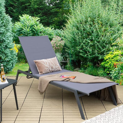 Giantex Patio Chaise Lounge Chair - Sunbathing Chair with Lay Flat Position, 6 Adjustable Positions, Outdoor Reclining Chair with Quick-Drying Fabric for Patio Poolside Backyard (1, Gray)