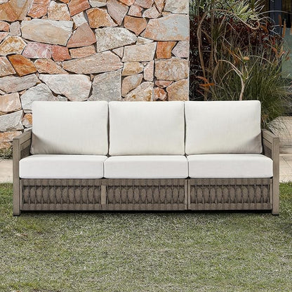 3 Seats Outdoor Sofa, Aluminum Patio Sofas Couch with Thick Cushions, Never-Rust 3-Seater Rope Weave Outside Patio Couch, Deep Seating Outdoor Sofa Furniture for Garden, Decks, Porch, Gray Oak