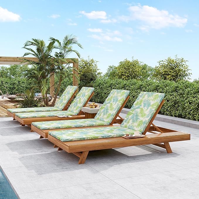 2-Piece Patio Lounge Chair Set with Side Space, Outdoor Chaise Lounge Adjustable & Breathable Acacia Wood Frame, Water-Resistant Cushions(Green Leaf & 2 Inch Thick & Double FOLD)