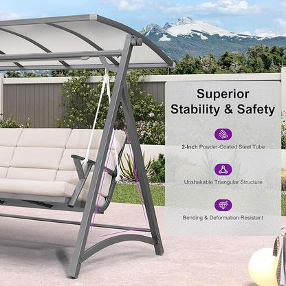 PURPLE LEAF Porch Swing 3 Person Patio Swing Chair with PVC Canopy Outdoor Deluxe Modern Yard Hammock Swinging Chairs w/Solar LED Light and Cushions for Backyard Glider Outside Loveseat Bench