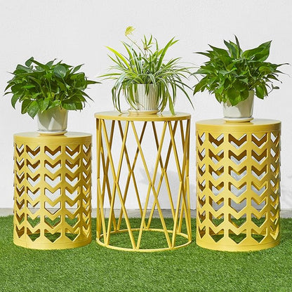 Nesting Side Table Set of 3 Decorative Round Garden Stools for Indoor Outdoor Heavy Duty Metal Frame Side Table Nightstands Modern End Table Plant Stand, Yellow
