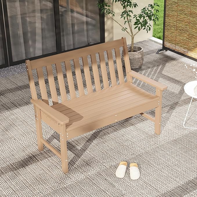 RELAX4LIFE 2-Person Patio Outdoor Bench - 52’’ All-Weather HDPE Garden Bench with Armrests & Slatted Backrest, Patio Bench for Front Porch Park Poolside Backyard, 705 LBS Weight Capacity (Teak)