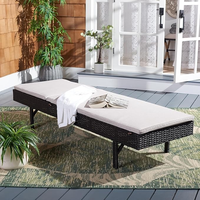 SAFAVIEH Outdoor Collection Cam Black/Light Grey Cushion Adjustable Chaise Lounge
