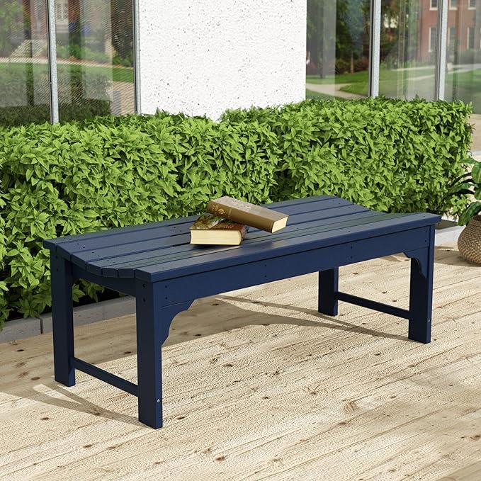 WO Home Furniture Outdoor 46" Backless HDPE Adirondack Bench, Poly Lumber Seat for Patio, Backyard, Balcony, All Weather Resistant with UV Protection, Navy Blue