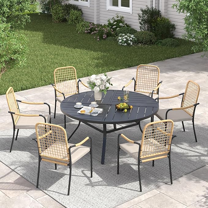 VICLLAX 50" Round Patio Table with Umbrella Hole, All Weather Metal Outdoor Dining Table for 6 - Photo 6