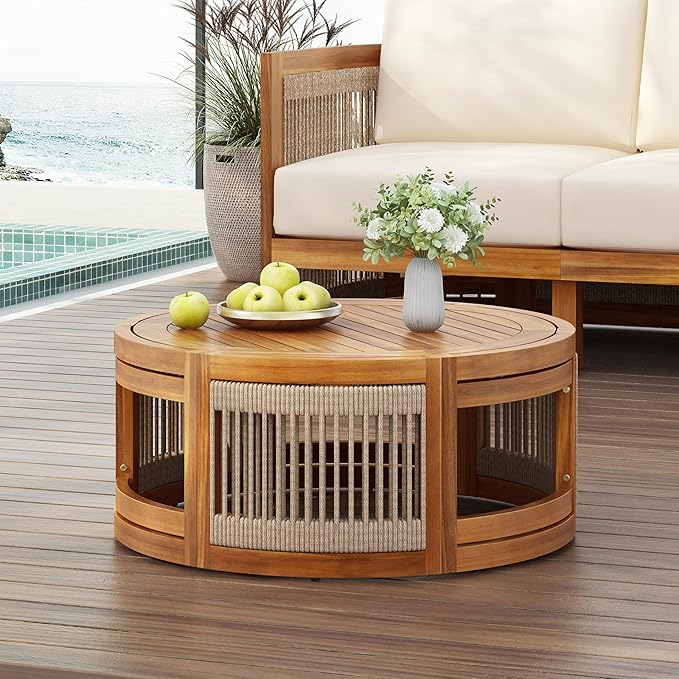 GDFStudio 27.95" Acacia Wood Outdoor Coffee Table, Handwoven Rope Accents - Photo 3