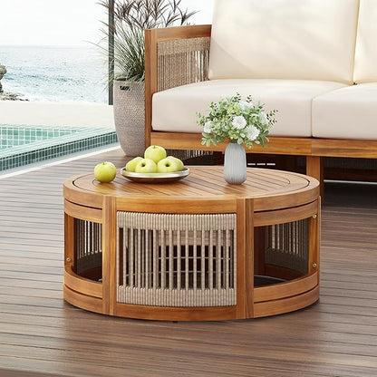 Christopher Knight Home Puekest Acacia Wood Coffee Table with Woven Rope Accents, Outdoor Patio Slatted Round Centerpiece, Boho Chic Garden Sofa Side Accent Table for Modern Decor, 27.95" W, Teak