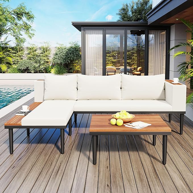 Modern Acacia Wood Patio Furniture Set with Removable Cushions, Coffee Table and Side Table - Photo 2