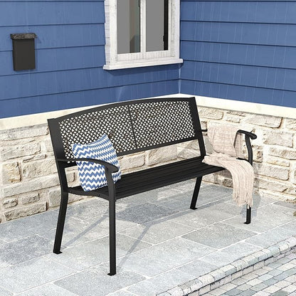 DIFY 50" Outdoor Bench Metal Garden Patio Furniture with Backrest & Slatted Seat for Porch, Park, Lawn, Black