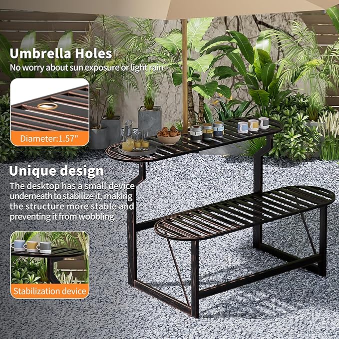 Convertible Bench, 2 in 1 Carbon Steel Picnic Table, Transforming Interchangeable Outdoor Table with Umbrella Hole, for Outside Patio Porch Backyard Park Garden 2 Pack Retro Brown Bench