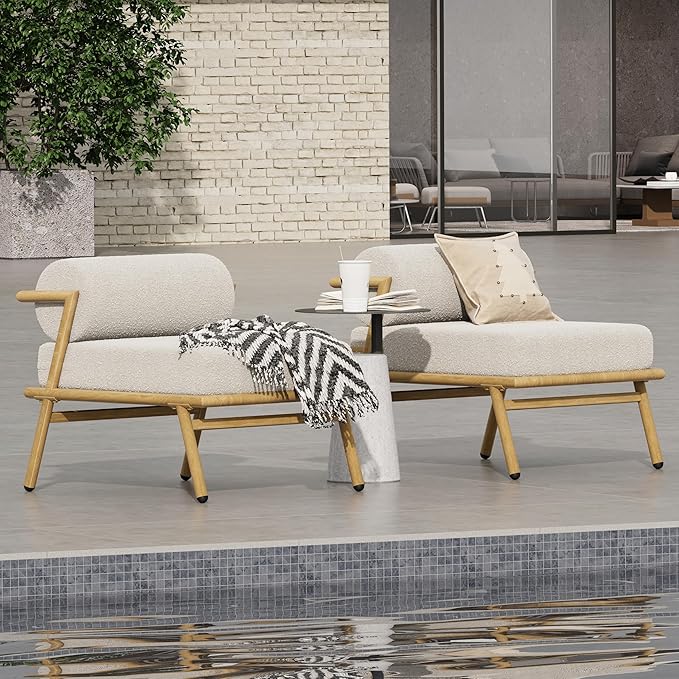Christopher Knight Home Dessa Patio Accent Chairs Set of 2, Wood-Like Club Chairs, Boucle Lounge Chair, Upholstered Armless Chair, Iron Frame Stable Seating for Garden Poolside Backyard, White+Teak