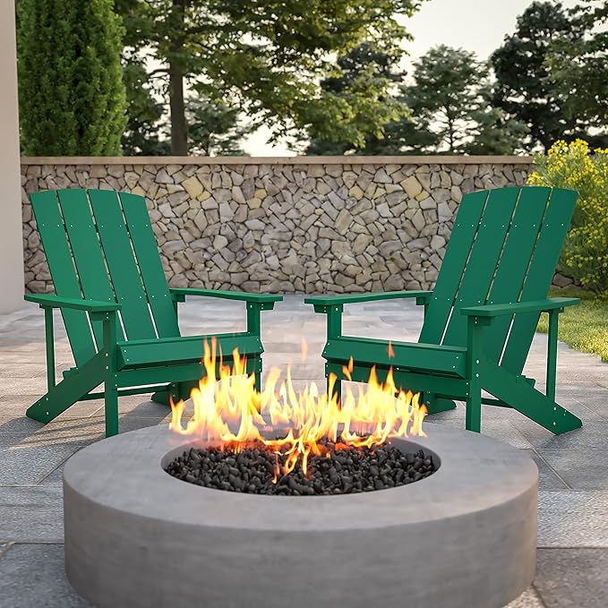 Flash Furniture Charlestown Poly Resin Adirondack Chair - Green - All Weather - Indoor/Outdoor - Set of 2 - Photo 2