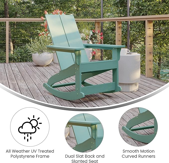 Flash Furniture Finn Modern Commercial Grade Poly Resin Wood Adirondack Rocking Chair - All Weather Sea Foam Polystyrene - Dual Slat Back - Stainless Steel Hardware