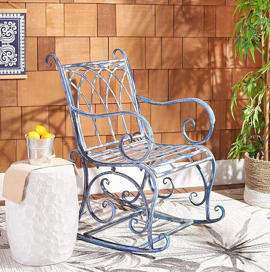 SAFAVIEH Outdoor Collection Medrano Victorian Mossy Blue Wrought Iron Rocking Chair