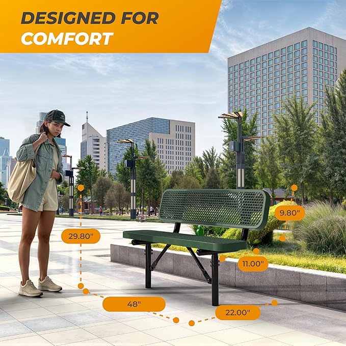 Heavy-Duty Outdoor Metal Bench, Thermoplastic-Coated, Inground, Weatherproof, Commercial-Grade for Parks, Gardens, Patios, Stores & More (4 Ft - Inground with Back, Green)