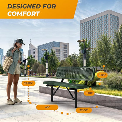 Heavy-Duty Outdoor Metal Bench, Thermoplastic-Coated, Inground, Weatherproof, Commercial-Grade for Parks, Gardens, Patios, Stores & More (4 Ft - Inground with Back, Green)