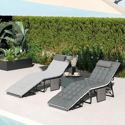Outsunny Chaise Lounge Chair Outdoor Set of 2, 5-Position Adjustable Outdoor Pool Lounge Chairs, Folding Tanning Chair Beach Lounger with Cushion, Headrest, Side Pocket for Patio, Yard, Gray