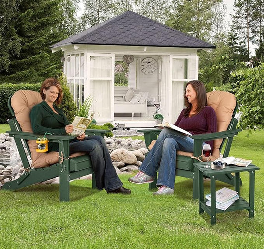 nalone Folding Adirondack Chairs Set of 2 with Cushion with Cup Holder, HDPE Plastic Oversized Patio Chair Weather Resistant, Used in Outdoor, Fire Pit, Deck, Garden, Campfire Chairs (Green)