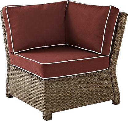 Crosley Furniture Bradenton Corner Outdoor Sectional Chair, Wicker Patio Chairs for Porch, Deck, Backyard, Brown with Sangria Cushions