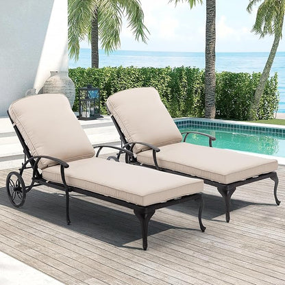 Chaise Lounge Chair Outdoor- Set of 2 Patio Pool Chairs Tanning Lounges for Outside Beach Lounger Reclining Cast Aluminum with Beige Cushions