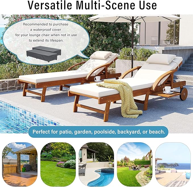 Acacia Wood Outdoor Patio Chaise Lounge, All Weather Reclining Lounge Chairs with Adjustable Backrest& Leg Rest, 2 Wheels, Headrest, Retractable Side Tray for Poolside Garden Beach (Beige-3.17)