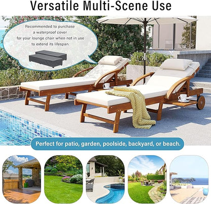 Acacia Wood Outdoor Patio Chaise Lounge, All Weather Reclining Lounge Chairs with Adjustable Backrest& Leg Rest, 2 Wheels, Headrest, Retractable Side Tray for Poolside Garden Beach (Beige-3.17)