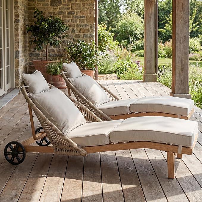 Lounge Chair Outdoor Set of 2 Chaise Lounger, Rope Lounge Chair Patio Chairs with Cushion & Backrest, Outdoor Chaise Lounges for Backyard, Poolside, Patio, Garden, Khaki
