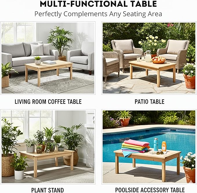 44 Inch Outdoor Cedar Coffee Table, Solid Cedar Wood Farmhouse Side Table with Slatted Top, Patio, Garden, Deck - Photo 4