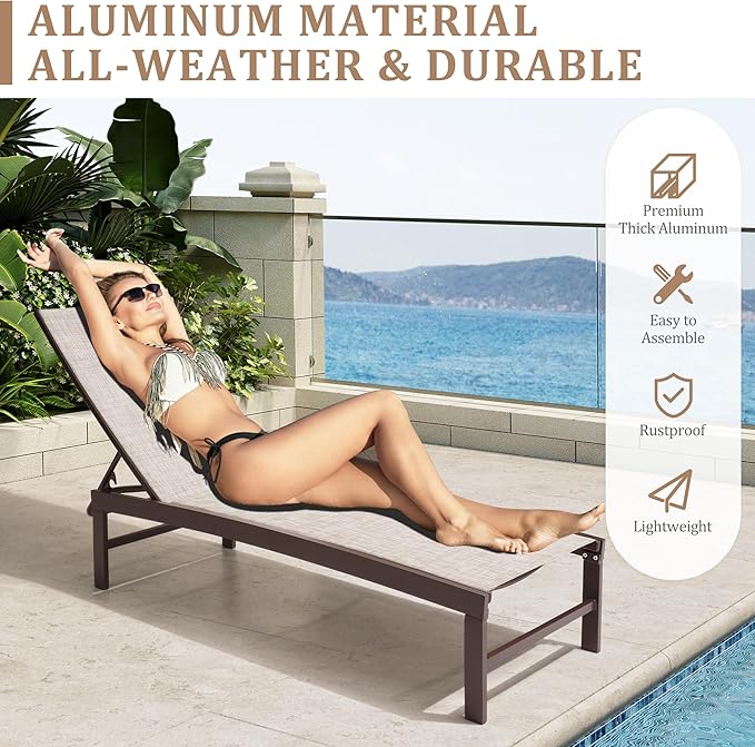 Patio Aluminum Chaise Lounge Chair, Set of 2 Outdoor Recliner Lounge Chair Sun Loungers, All Weather Chaise with 5 Adjustable Backrest and Lay Flat Positions for Garden, Balcony, Pool