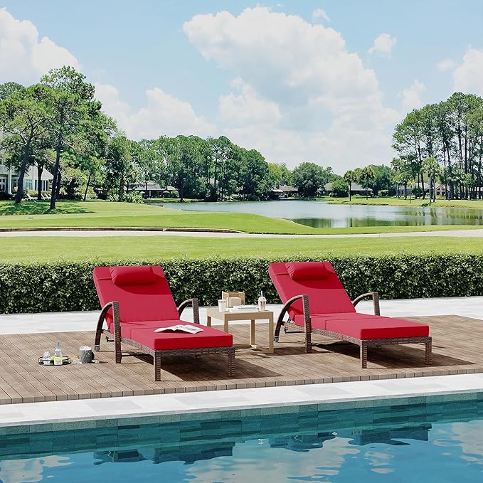 Outdoor Chaise Lounge Set of 2 Rattan Patio Folding Chaise Lounge Adjustable 5 Position Back Patio Pool Lounge Chair with Cushion Pillow for Poolside Backyard Deck Porch Red