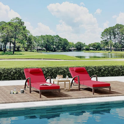 Outdoor Chaise Lounge Set of 2 Rattan Patio Folding Chaise Lounge Adjustable 5 Position Back Patio Pool Lounge Chair with Cushion Pillow for Poolside Backyard Deck Porch Red