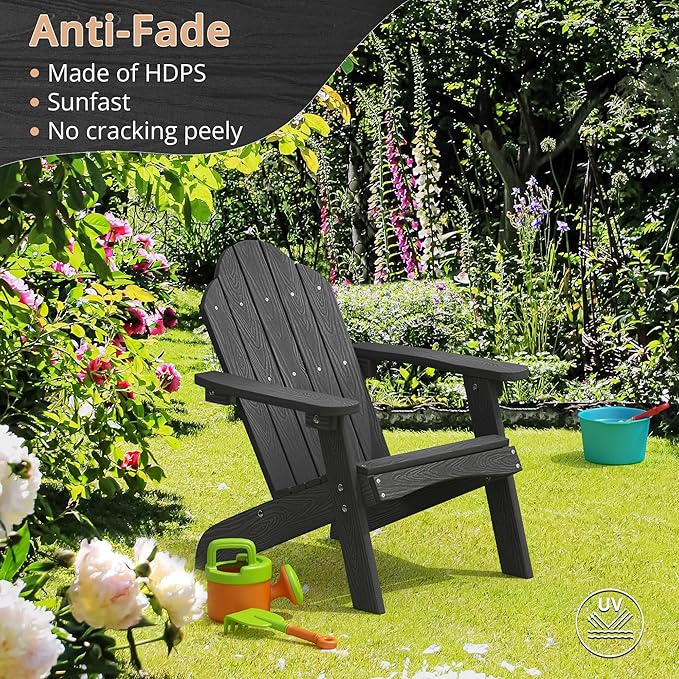 LUE BONA Kids Adirondack Chairs Set of 4, Black Poly Resin Adirondack Chair, Toddler Adirondack Chair Weather Resistant, Kids Outdoor Patio Adirondack Lounge Chair for Balcony, Backyard