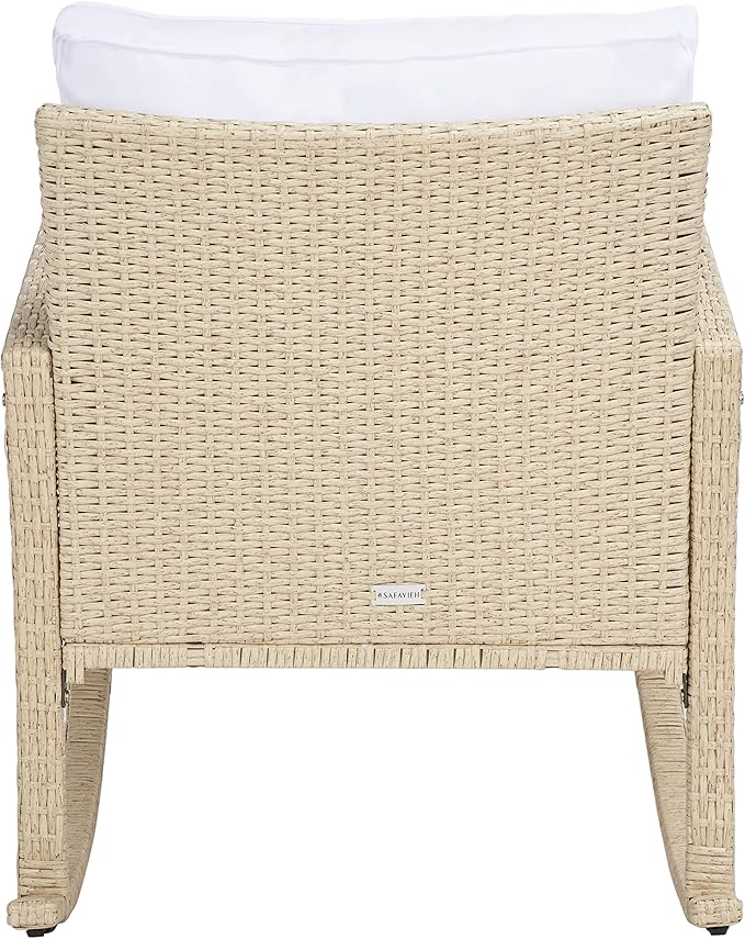 SAFAVIEH Outdoor Collection Daire Woven Beige/White Cushion Rocking Chair for Patio Porch Backyard Sunroom