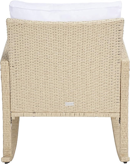 SAFAVIEH Outdoor Collection Daire Woven Beige/White Cushion Rocking Chair for Patio Porch Backyard Sunroom